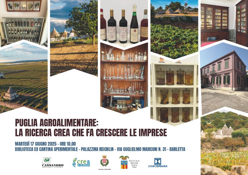 Immagine di copertina per PUGLIA AGROALIMENTARE E RICERCA C.R.E.A. UN CONVEGNO IL 17 GIUGNO (ORE 10) NELLA BIBLIOTECA EX CANTINA SPERIMENTALE