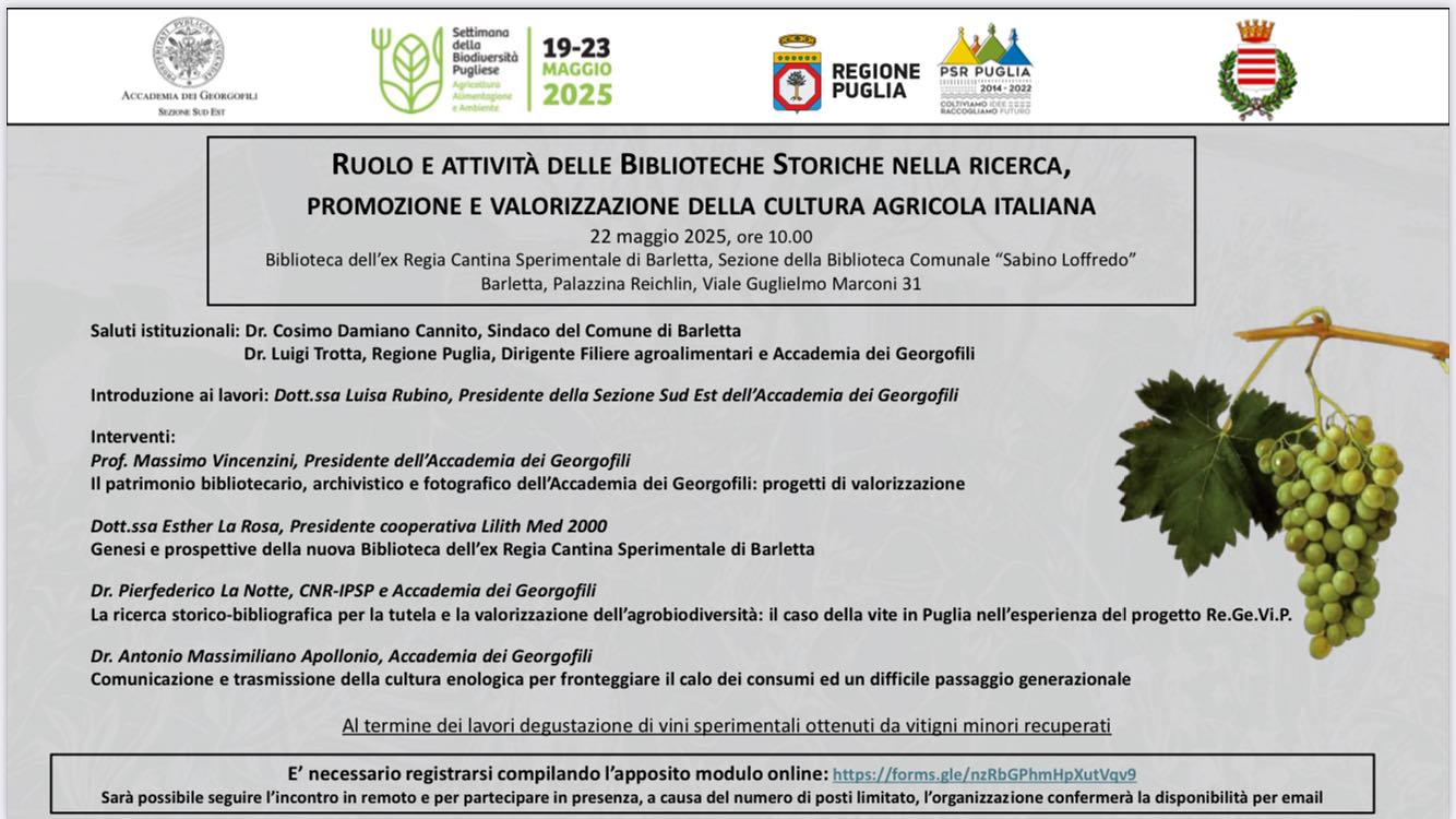 UNA GIORNATA DI STUDIO SUL RUOLO E LATTIVIT DELLE BIBLIOTECHE STORICHE NELLA RICERCA, PROMOZIONE E VALORIZZAZIONE DELLA CULTURA AGRICOLA