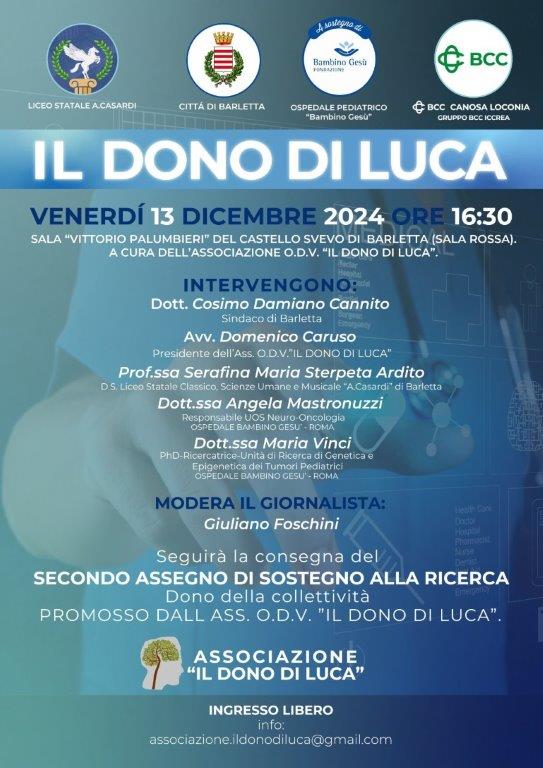 DALLASSOCIAZIONE IL DONO DI LUCA UN CONTRIBUTO ALLA RICERCA SCIENTIFICA. VENERDÌ LA DONAZIONE AL BAMBIN GESÙ DI ROMA
